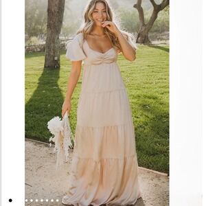 Show Me Your Mumu Nicole Maxi Dress Champagne Luxe Satin Tiered Smocked XL